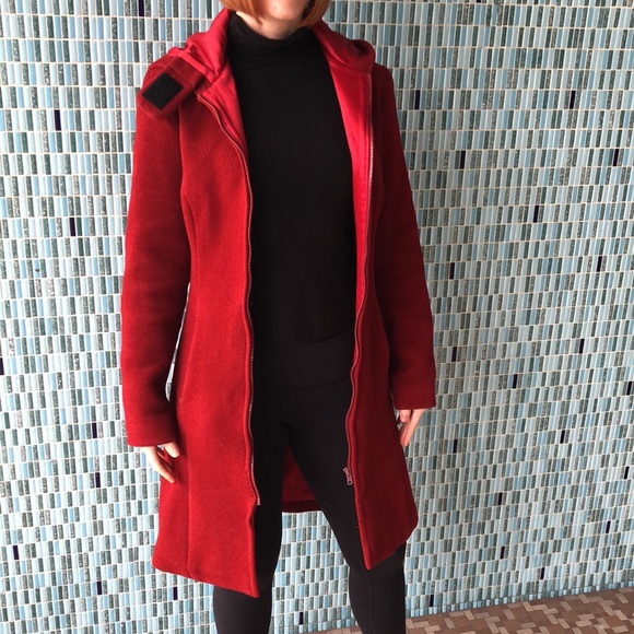 Red Winter Wool Coat with Hood - Picture 3 of 14